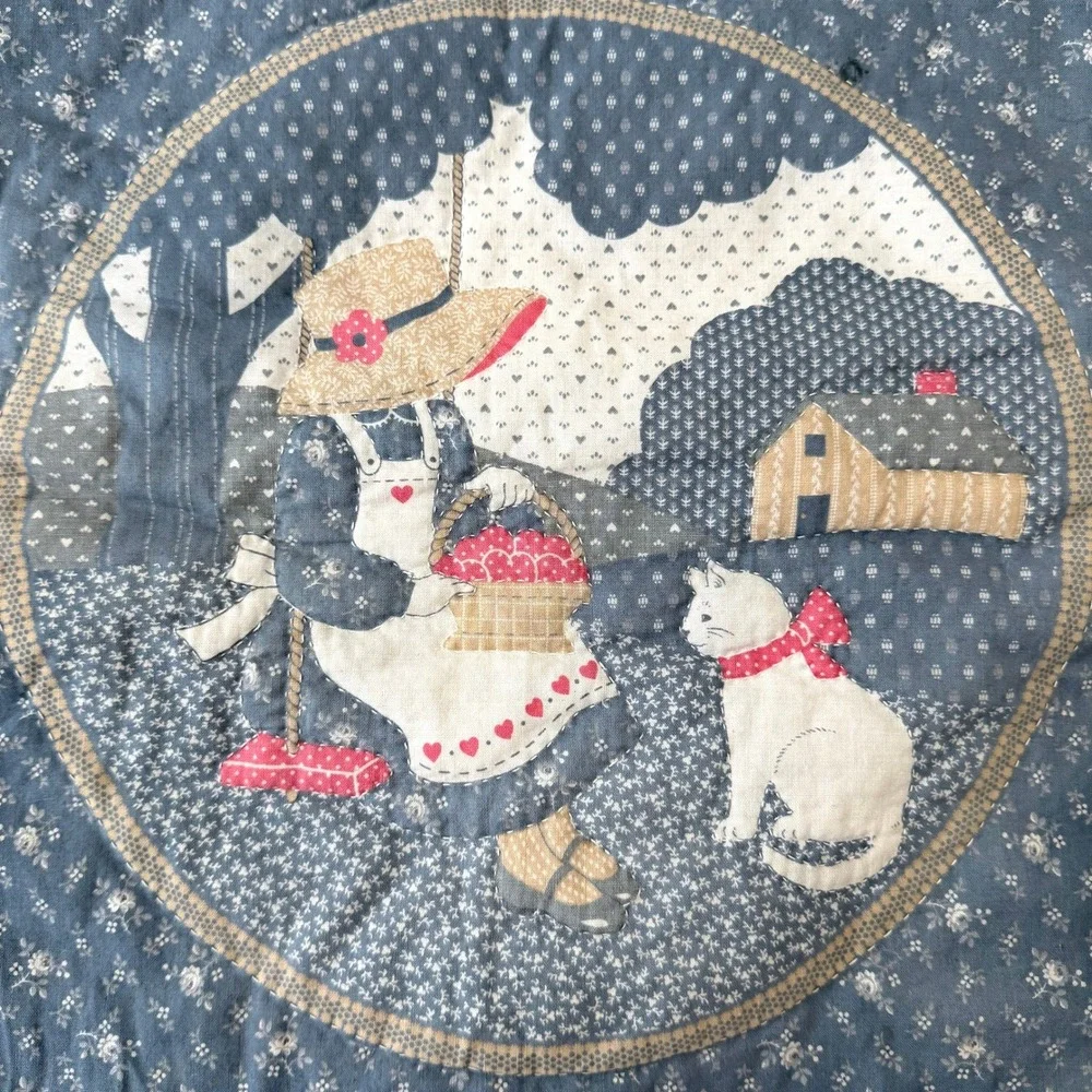 Handmade Quilted Cat Pillow Cover 16x16 Blue Floral Applique Eyelet Cottagecore